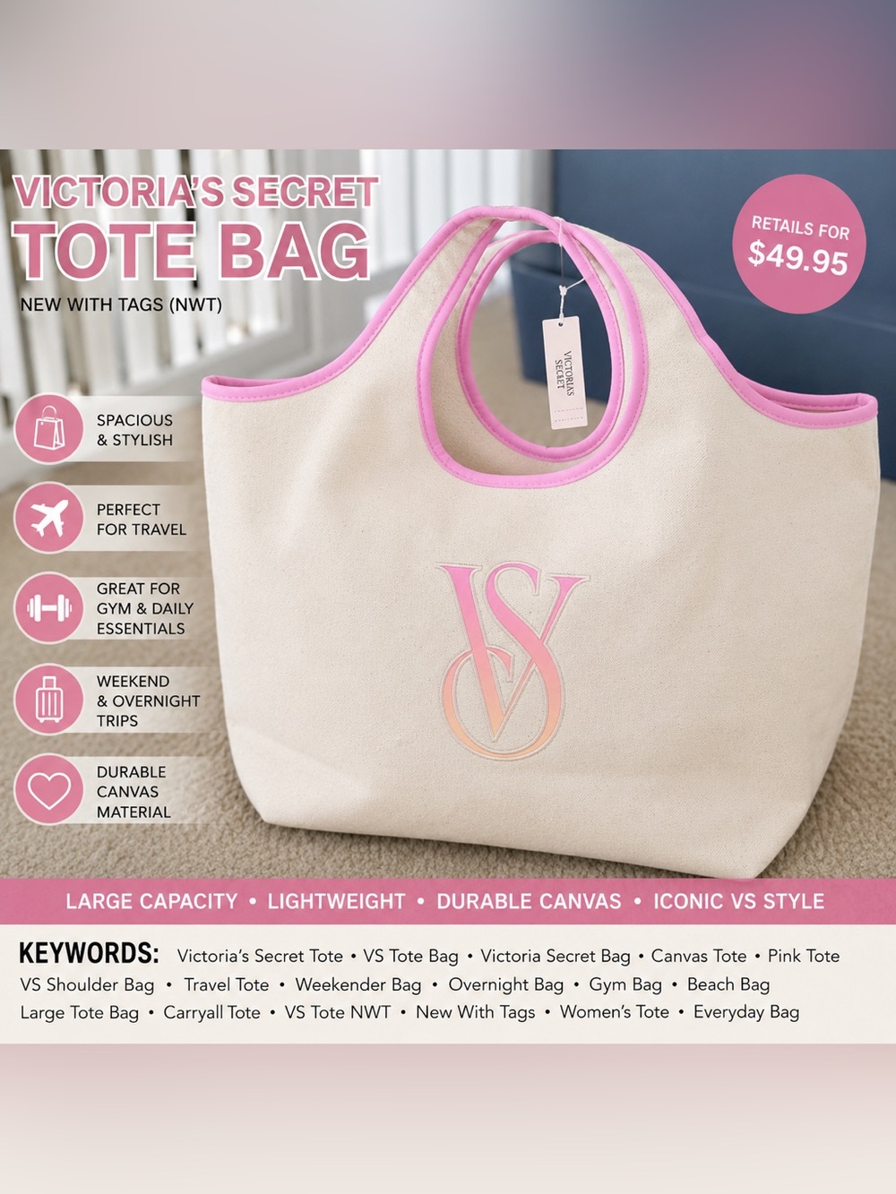 NWT Victoria’s Secret Canvas Tote Bag Pink Trim Large Travel Weekender Beach Bag